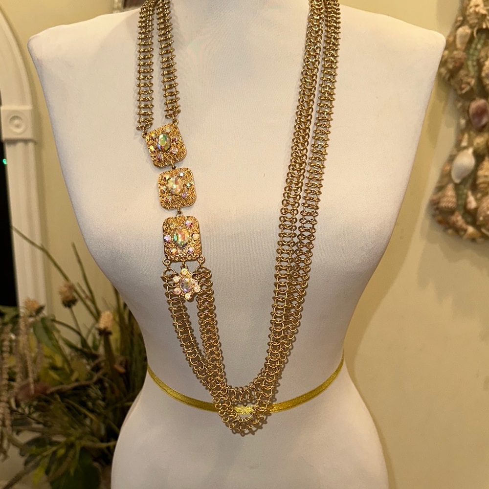 Gold Multi-Layered Chain Necklace with Crystal Accents